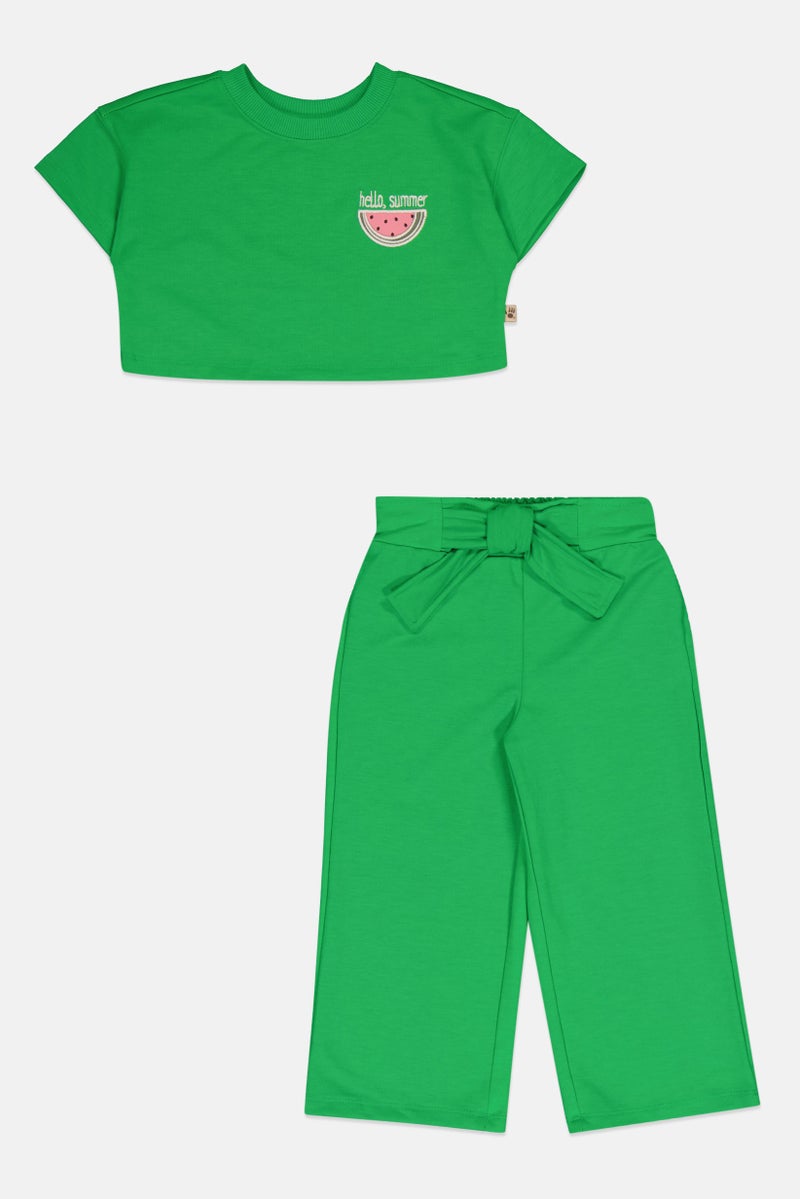 Bearpaw Toddlers Girl 2 Pcs Embroidered Crop Top And Pants Set, Green - Image 2